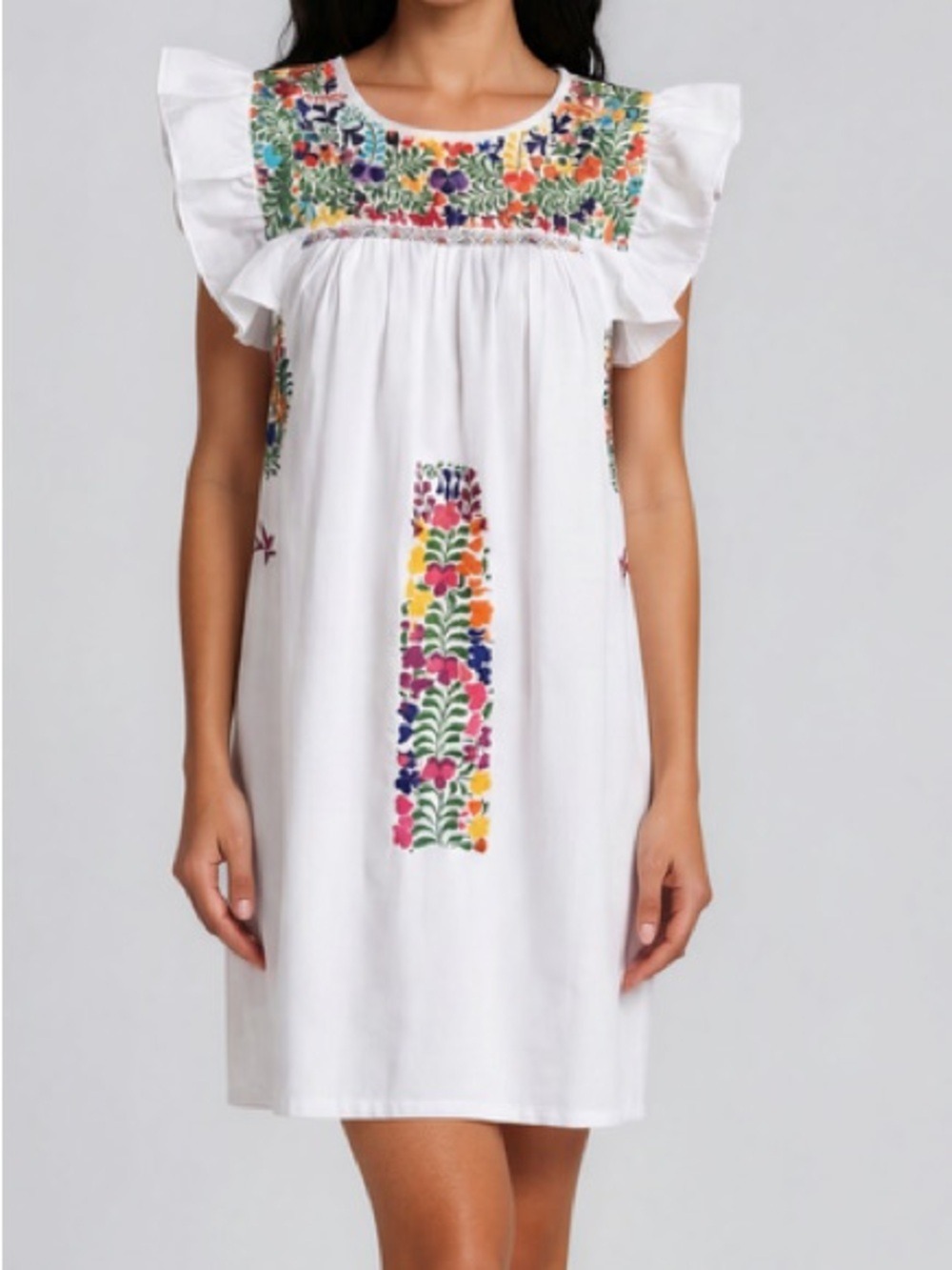 Margarita Mercantile Sara Dress White MultiColor Floral Embroidery Knee Length M